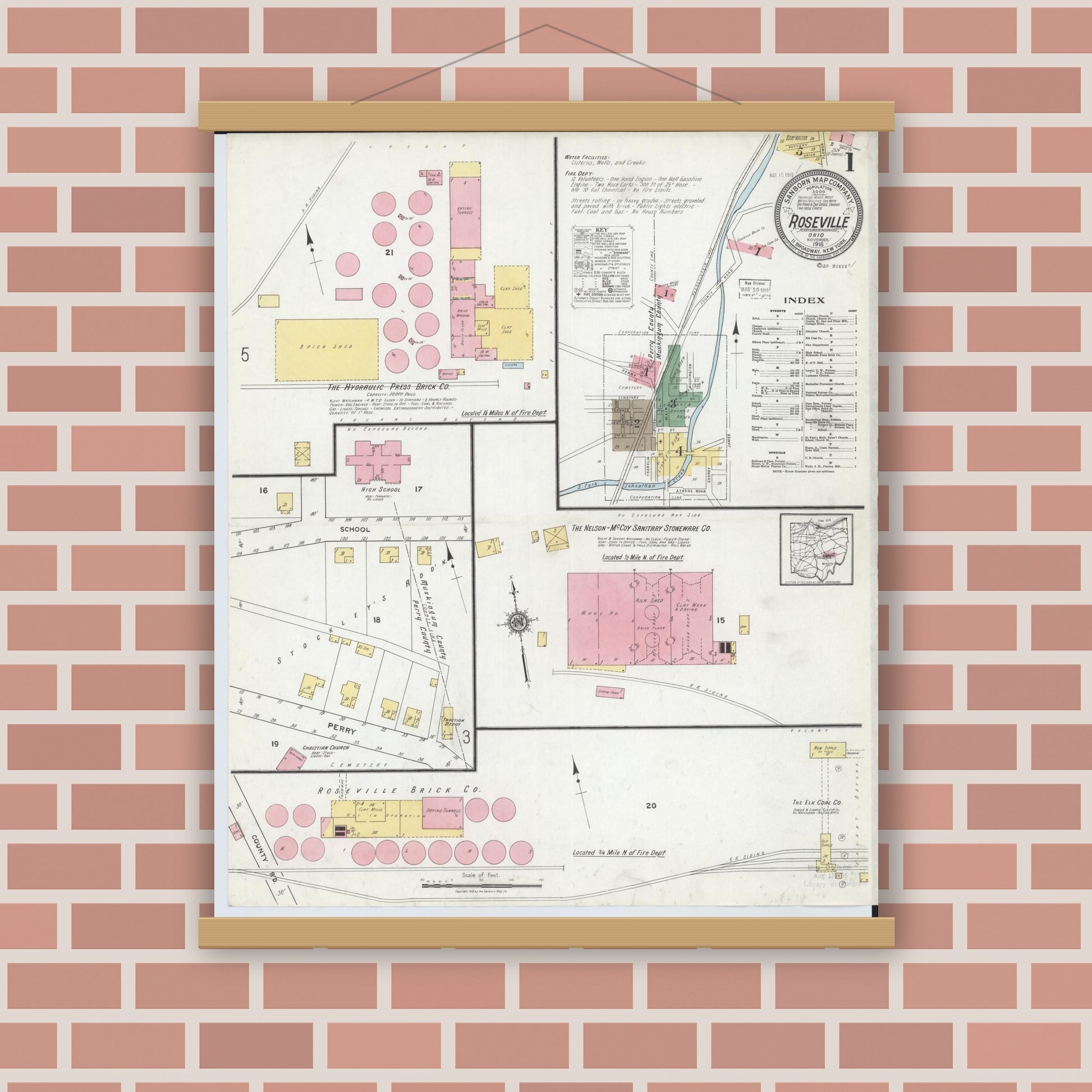 Old map wall art mockup — magnetic wood frame on brick wall — Sanborn Fire Insurance Map from Roseville, Perry And Muskingum Counties, Ohio (1918), Sheet #0001