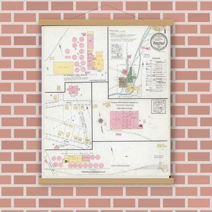 Old map wall art mockup — magnetic wood frame on brick wall — Sanborn Fire Insurance Map from Roseville, Perry And Muskingum Counties, Ohio (1918), Sheet #0001