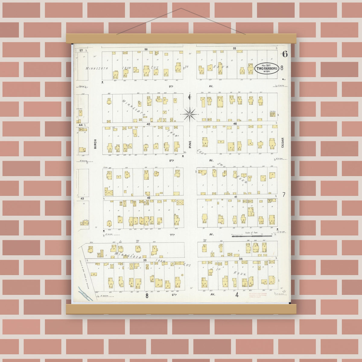 Old map wall art mockup — magnetic wood frame on brick wall — Sanborn Fire Insurance Map from Two Harbors, Lake County, Minnesota (1907), Sheet #0006
