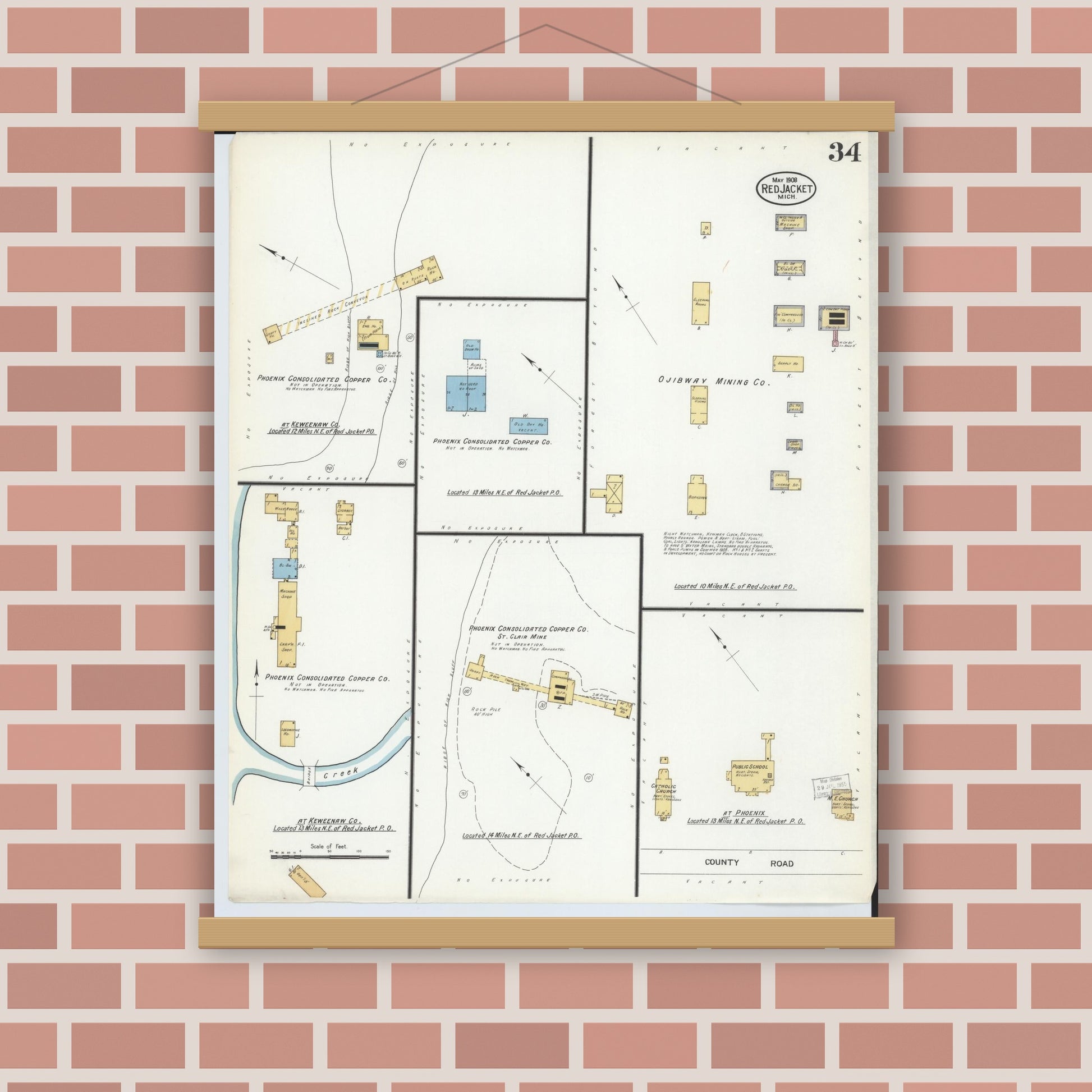 Old map wall art mockup — magnetic wood frame on brick wall — Sanborn Fire Insurance Map from Red Jacket, Houghton County, Michigan (1908), Sheet #0034