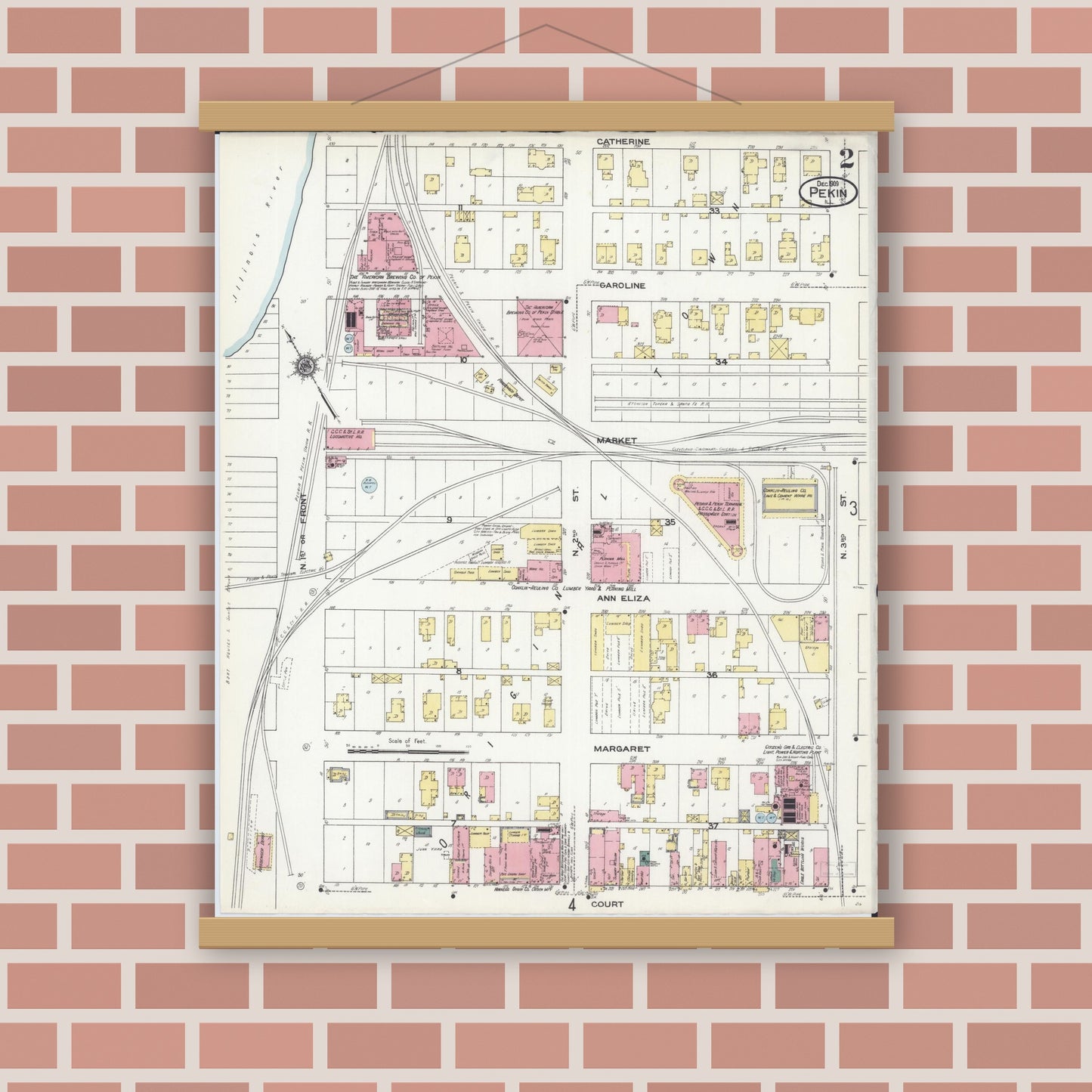 Old map wall art mockup — magnetic wood frame on brick wall — Sanborn Fire Insurance Map from Pekin, Tazewell County, Illinois (1909), Sheet #0002