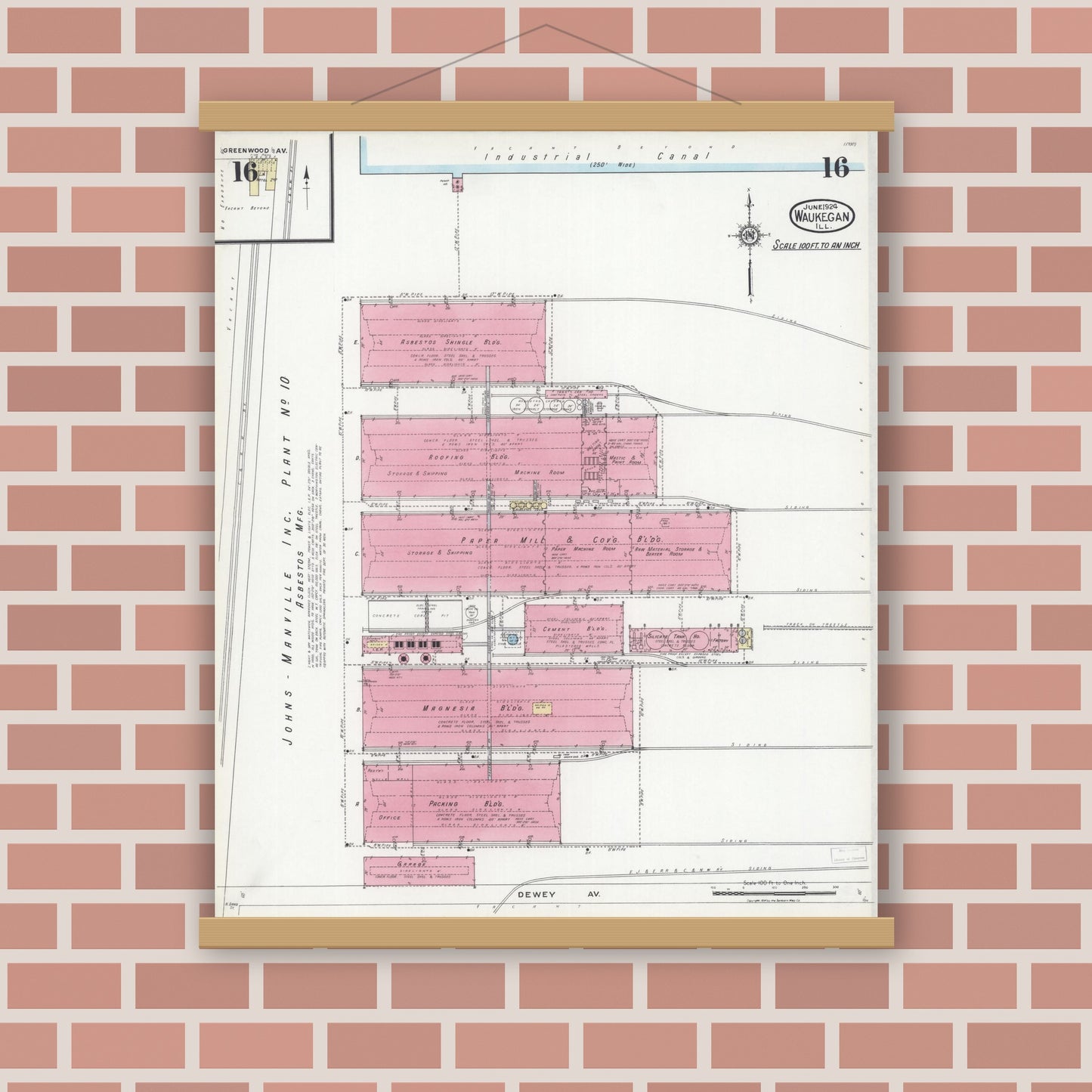Old map wall art mockup — magnetic wood frame on brick wall — Sanborn Fire Insurance Map from Waukegan, Lake County, Illinois (1924), Sheet #0016