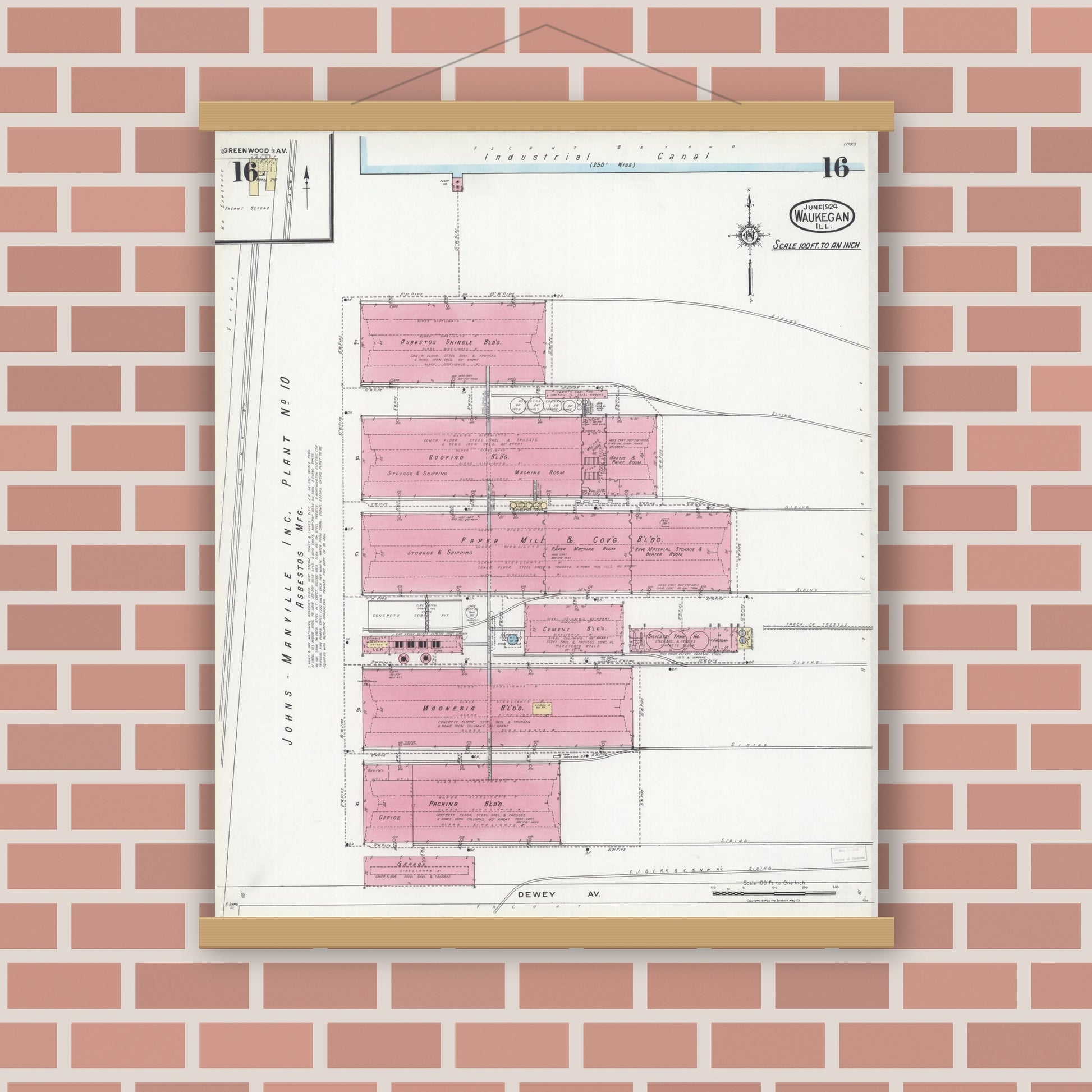 Old map wall art mockup — magnetic wood frame on brick wall — Sanborn Fire Insurance Map from Waukegan, Lake County, Illinois (1924), Sheet #0016