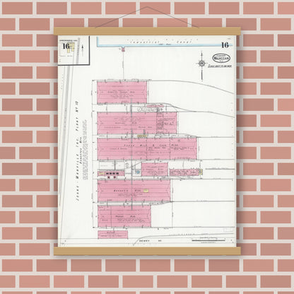 Old map wall art mockup — magnetic wood frame on brick wall — Sanborn Fire Insurance Map from Waukegan, Lake County, Illinois (1924), Sheet #0016