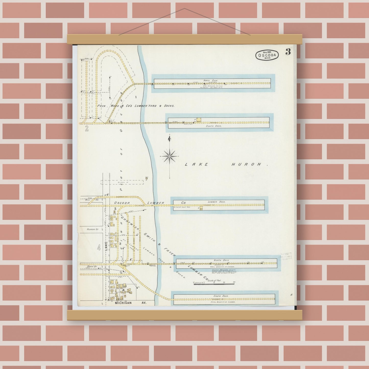 Old map wall art mockup — magnetic wood frame on brick wall — Sanborn Fire Insurance Map from Oscoda, Iosco County, Michigan (1895), Sheet #0003