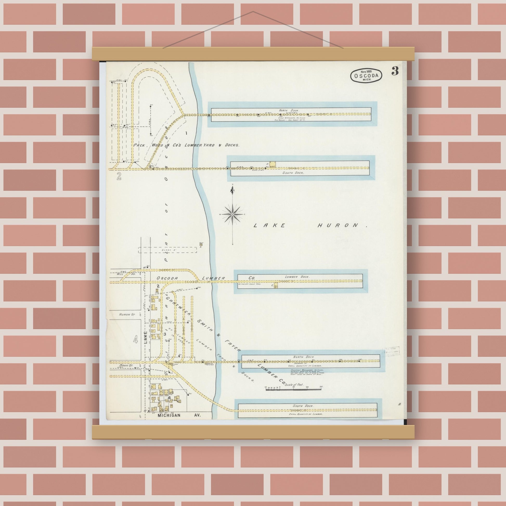 Old map wall art mockup — magnetic wood frame on brick wall — Sanborn Fire Insurance Map from Oscoda, Iosco County, Michigan (1895), Sheet #0003
