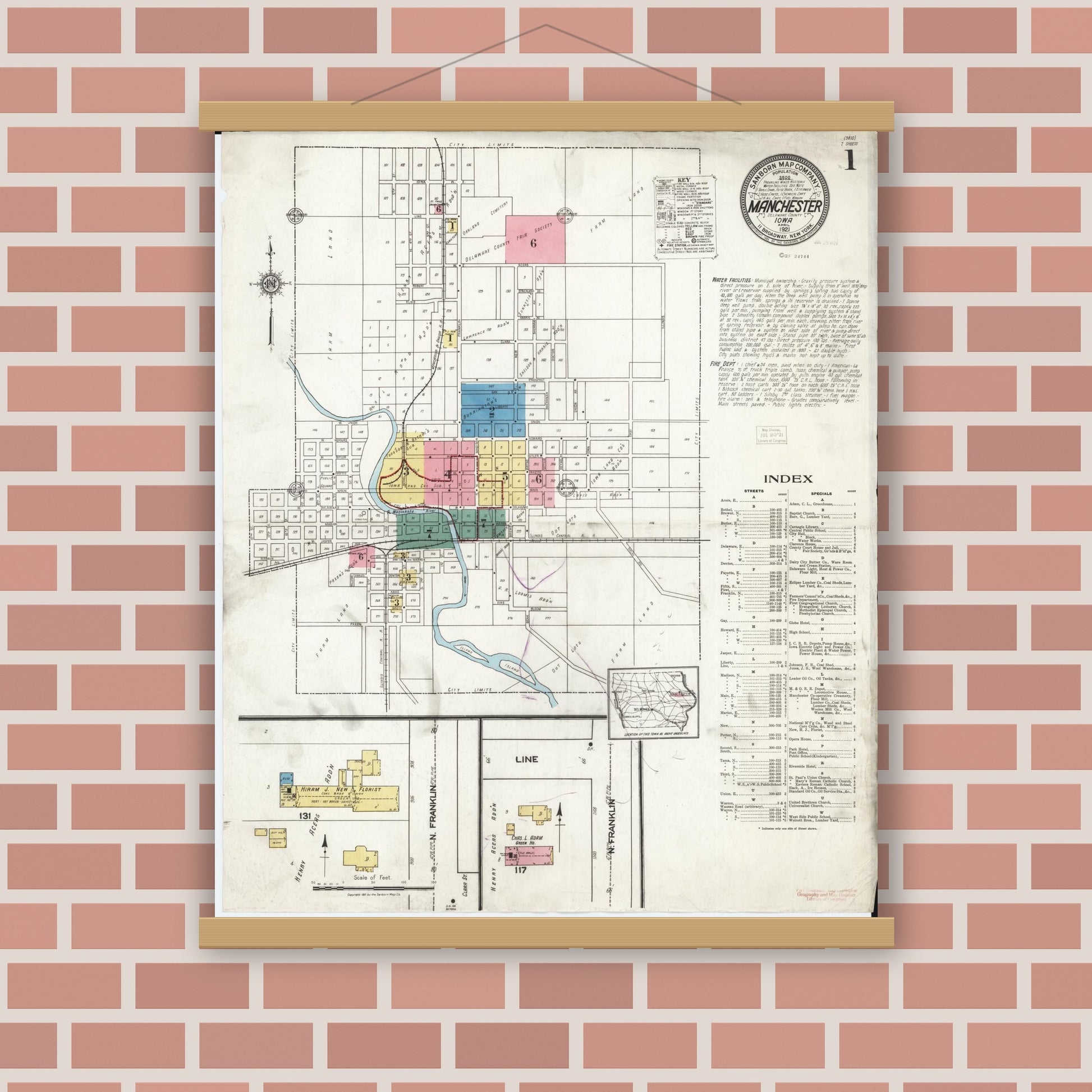 Old map wall art mockup — magnetic wood frame on brick wall — Sanborn Fire Insurance Map from Manchester, Delaware County, Iowa (1921) â€” Complete Set