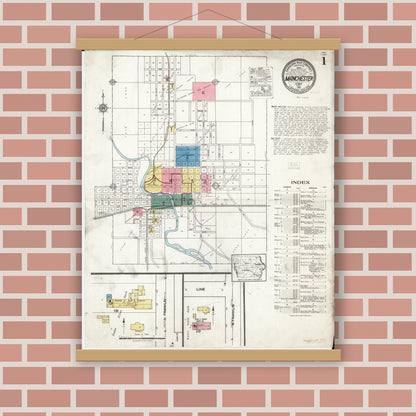 Old map wall art mockup — magnetic wood frame on brick wall — Sanborn Fire Insurance Map from Manchester, Delaware County, Iowa (1921) â€” Complete Set