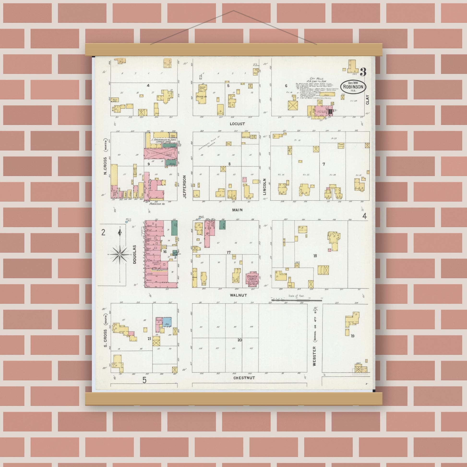 Old map wall art mockup — magnetic wood frame on brick wall — Sanborn Fire Insurance Map from Robinson, Crawford County, Illinois (1899), Sheet #0003