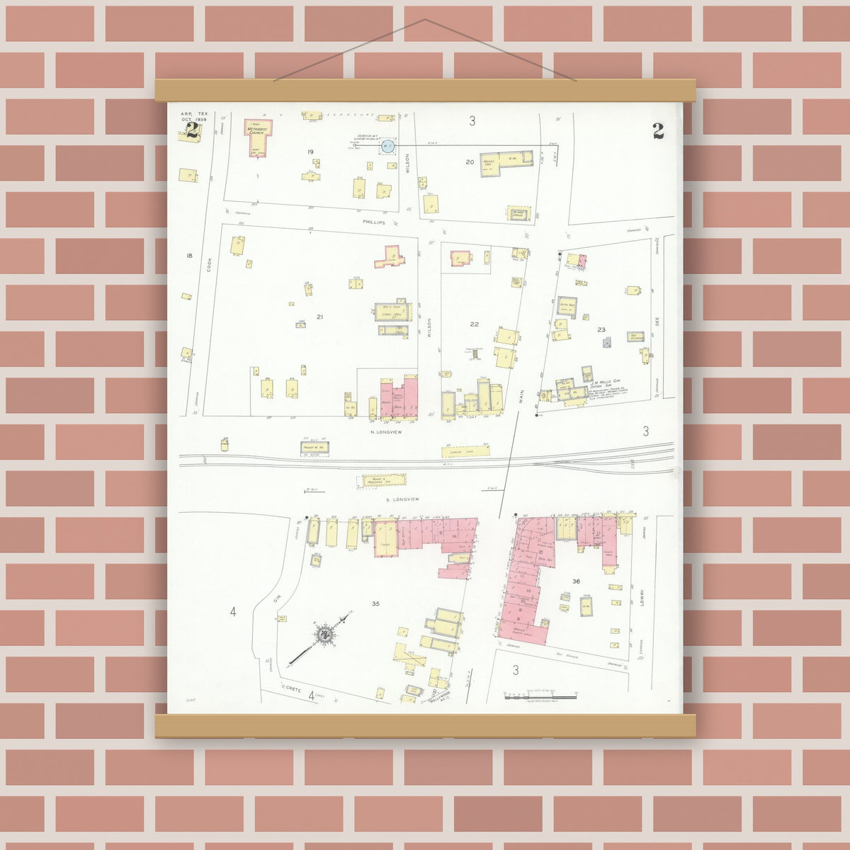 Old map wall art mockup — magnetic wood frame on brick wall — Sanborn Fire Insurance Map from Arp, Smith County, Texas (1939), Sheet #0002