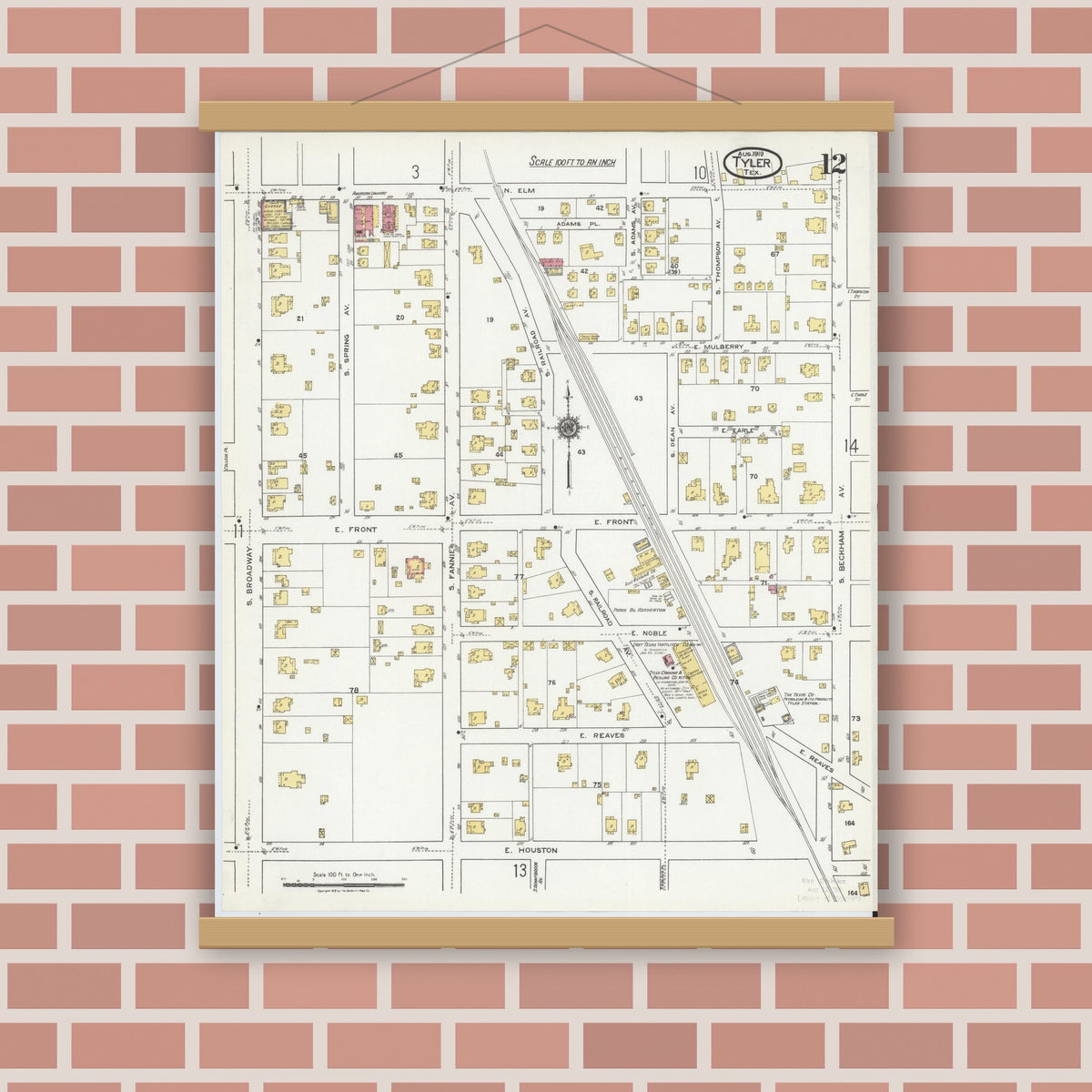 Old map wall art mockup — magnetic wood frame on brick wall — Sanborn Fire Insurance Map from Tyler, Smith County, Texas (1919), Sheet #0012