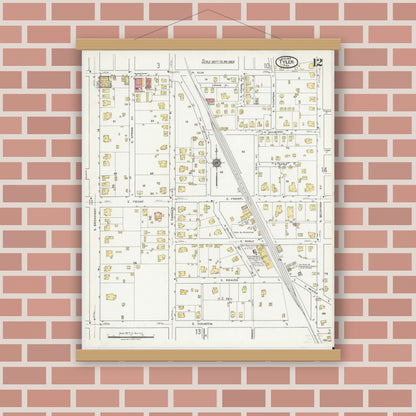 Old map wall art mockup — magnetic wood frame on brick wall — Sanborn Fire Insurance Map from Tyler, Smith County, Texas (1919), Sheet #0012