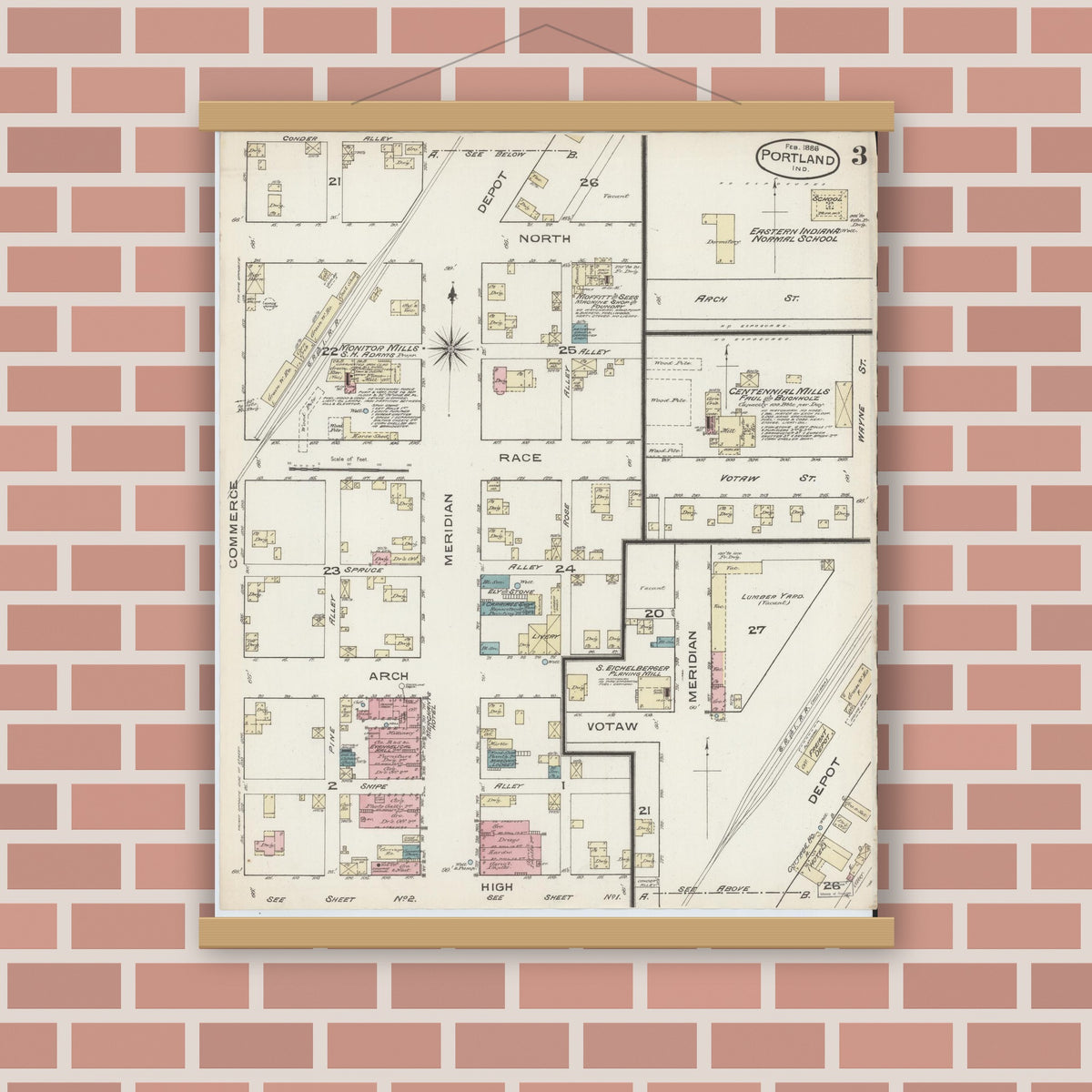 Old map wall art mockup — magnetic wood frame on brick wall — Sanborn Fire Insurance Map from Portland, Jay County, Indiana (1886), Sheet #0003