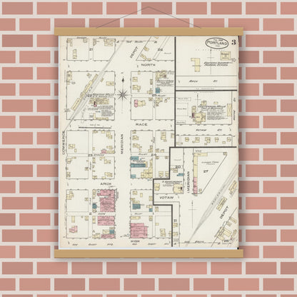 Old map wall art mockup — magnetic wood frame on brick wall — Sanborn Fire Insurance Map from Portland, Jay County, Indiana (1886), Sheet #0003