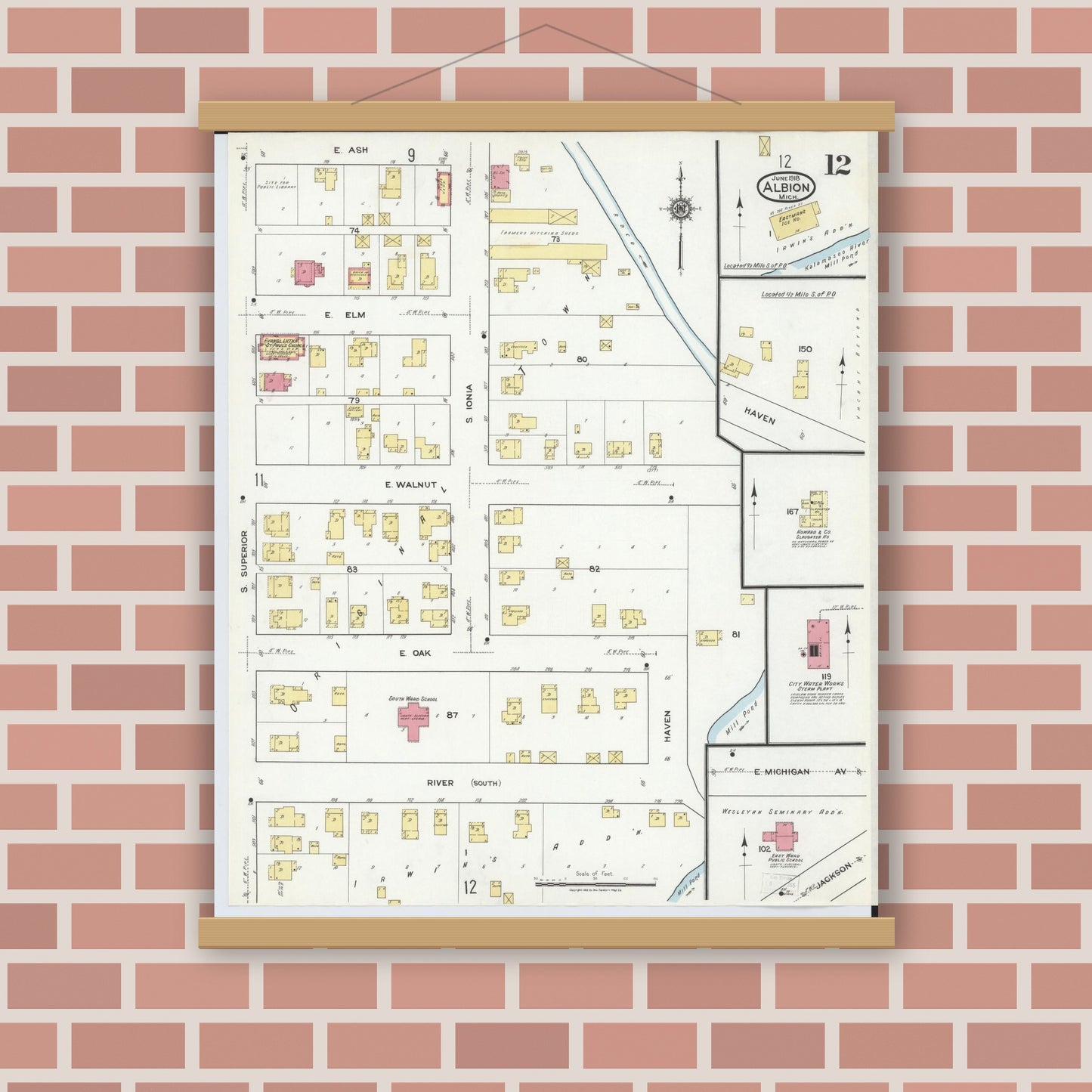 Old map wall art mockup — magnetic wood frame on brick wall — Sanborn Fire Insurance Map from Albion, Calhoun County, Michigan (1918), Sheet #0012