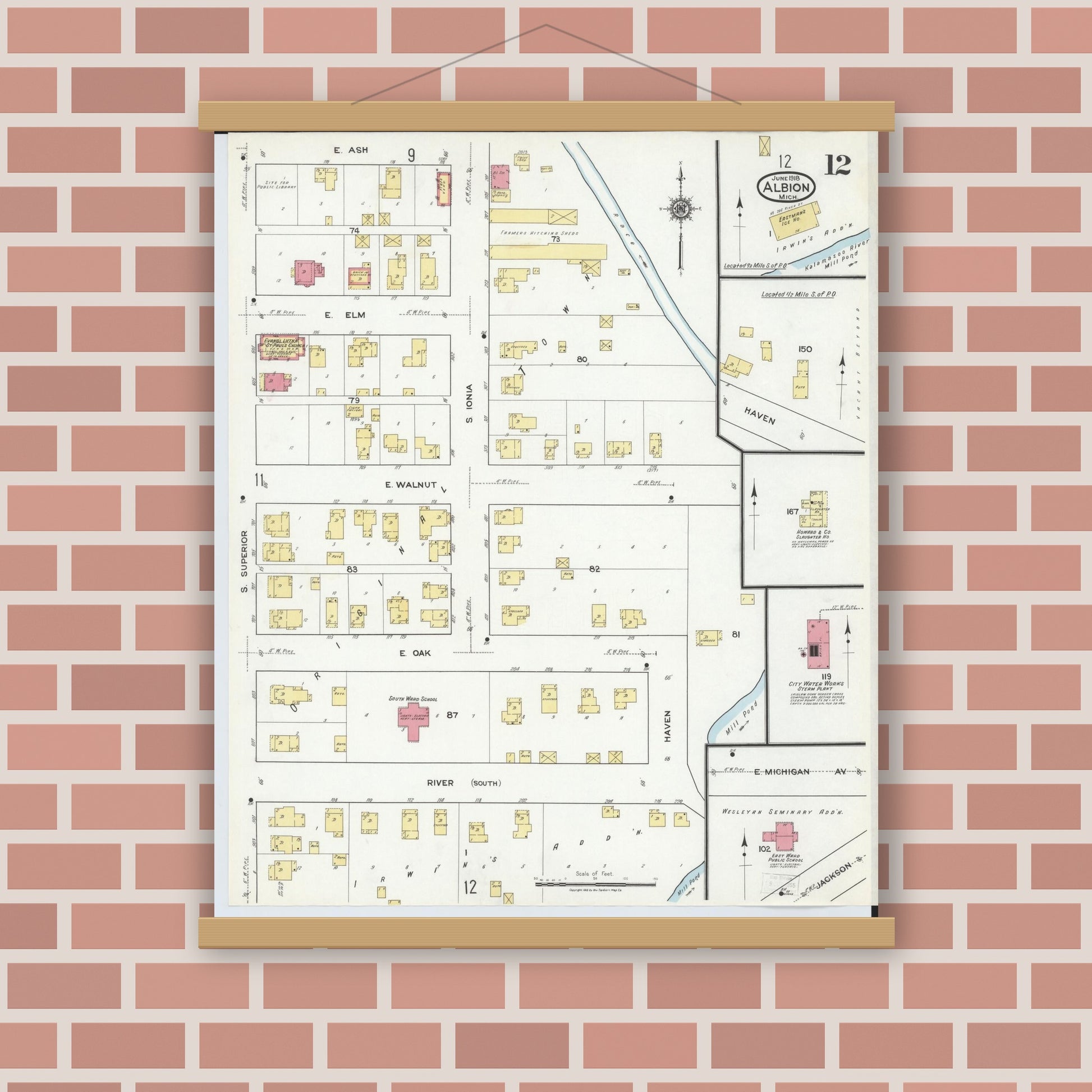 Old map wall art mockup — magnetic wood frame on brick wall — Sanborn Fire Insurance Map from Albion, Calhoun County, Michigan (1918), Sheet #0012