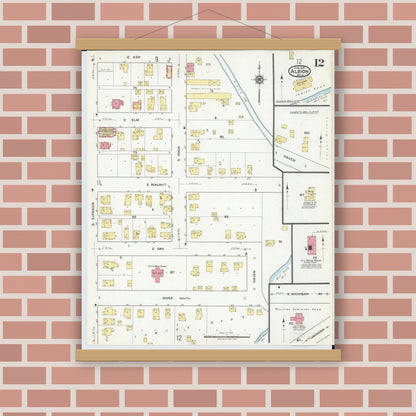 Old map wall art mockup — magnetic wood frame on brick wall — Sanborn Fire Insurance Map from Albion, Calhoun County, Michigan (1918), Sheet #0012