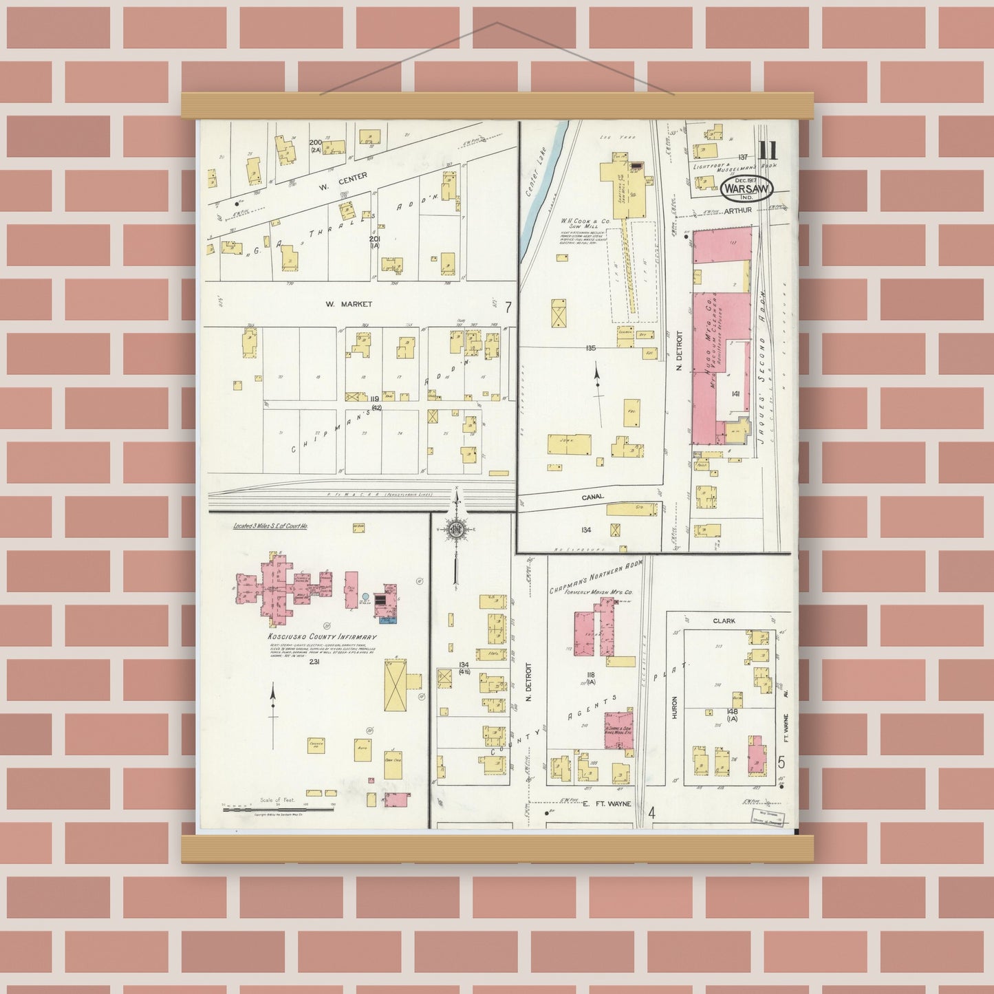 Old map wall art mockup — magnetic wood frame on brick wall — Sanborn Fire Insurance Map from Warsaw, Kosciusko County, Indiana (1917), Sheet #0011