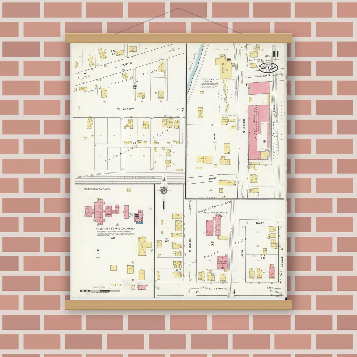 Old map wall art mockup — magnetic wood frame on brick wall — Sanborn Fire Insurance Map from Warsaw, Kosciusko County, Indiana (1917), Sheet #0011