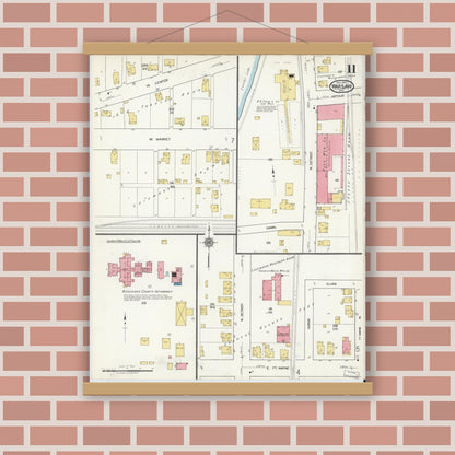 Old map wall art mockup — magnetic wood frame on brick wall — Sanborn Fire Insurance Map from Warsaw, Kosciusko County, Indiana (1917), Sheet #0011