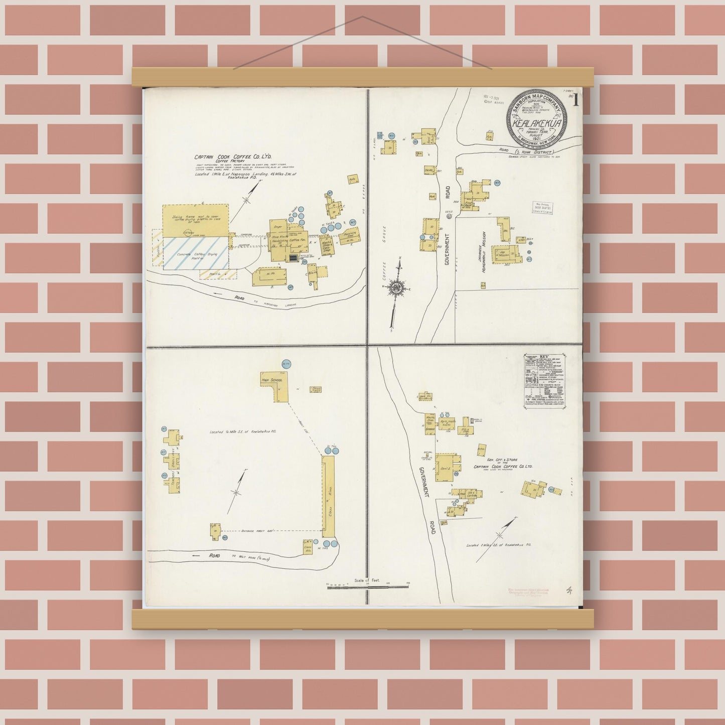 Old map wall art mockup — magnetic wood frame on brick wall — Sanborn Fire Insurance Map from Kealakekua, Hawaii County, Hawaii (1921), Sheet #0001