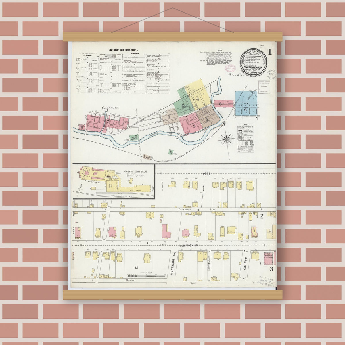 Old map wall art mockup — magnetic wood frame on brick wall — Sanborn Fire Insurance Map from Punxsutawney, Jefferson County, Pennsylvania (1896) - Complete Map Set