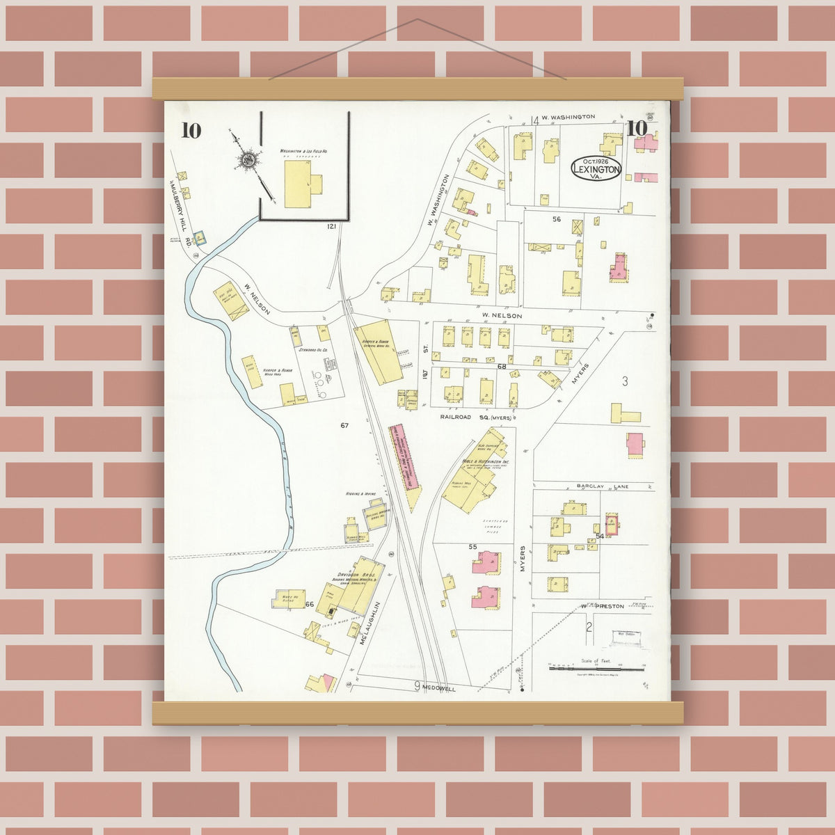 Old map wall art mockup — magnetic wood frame on brick wall — Sanborn Fire Insurance Map from Lexington, Independent Cities, Virginia (1926), Sheet #0010