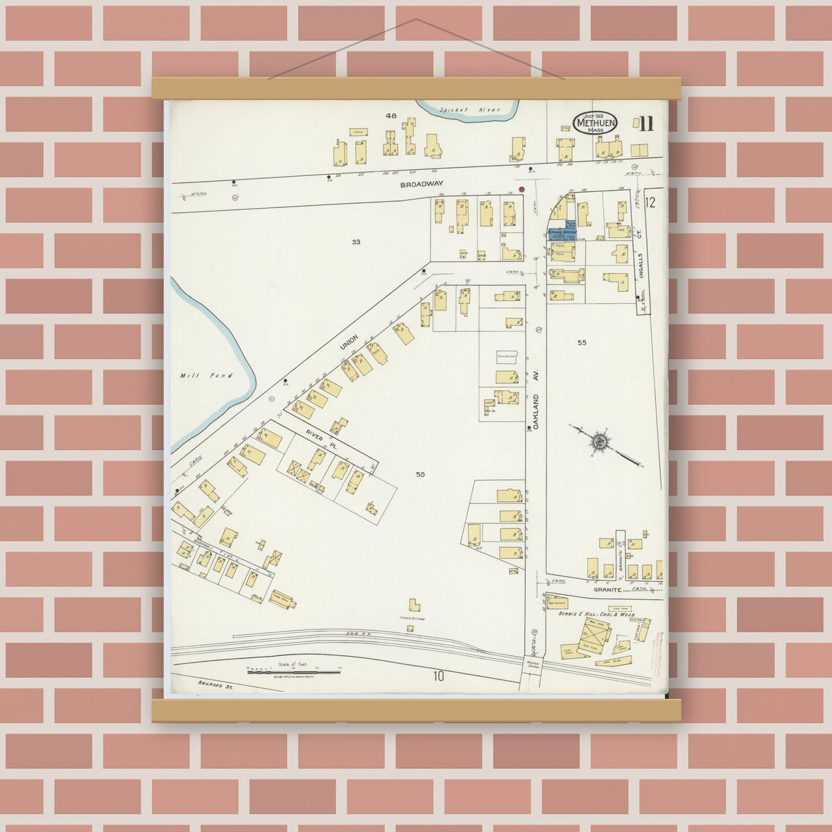 Old map wall art mockup — magnetic wood frame on brick wall — Sanborn Fire Insurance Map from Methuen, Essex County, Massachusetts (1919), Sheet #0011