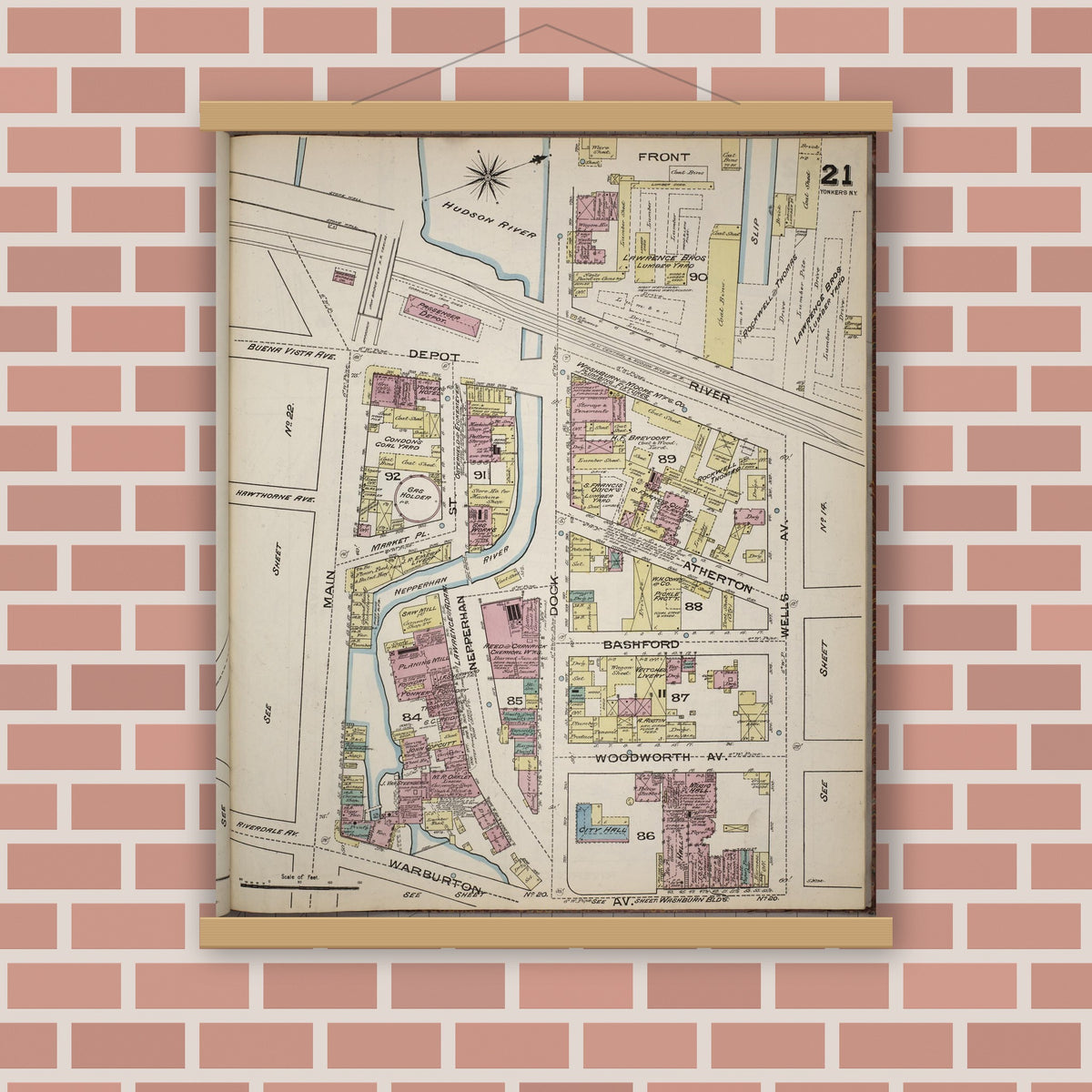 Old map wall art mockup — magnetic wood frame on brick wall — Sanborn Fire Insurance Map from Yonkers, Westchester County, New York (1886), Sheet #0021