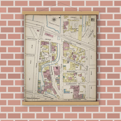 Old map wall art mockup — magnetic wood frame on brick wall — Sanborn Fire Insurance Map from Yonkers, Westchester County, New York (1886), Sheet #0021