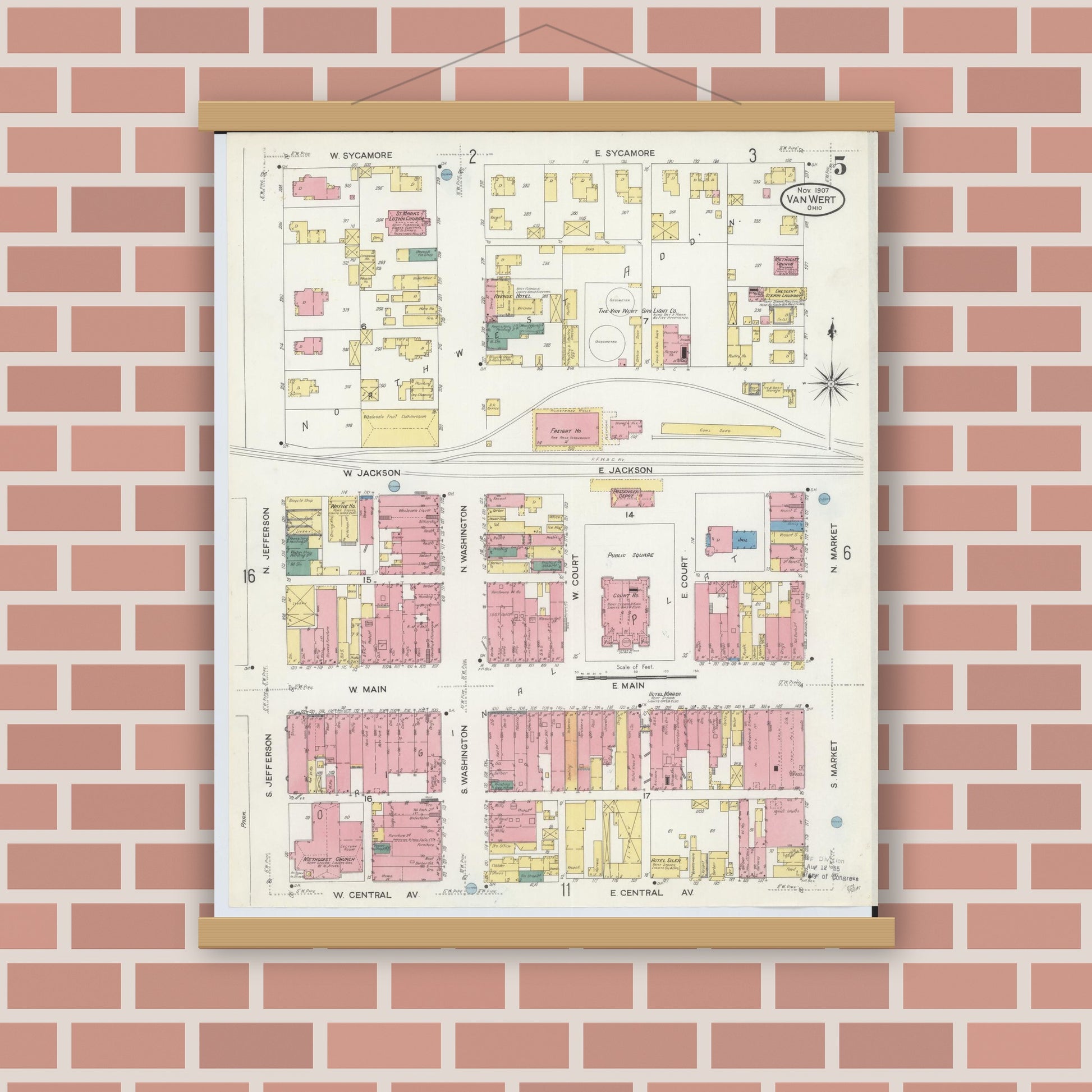 Old map wall art mockup — magnetic wood frame on brick wall — Sanborn Fire Insurance Map from Van Wert, Van Wert County, Ohio (1907), Sheet #0005