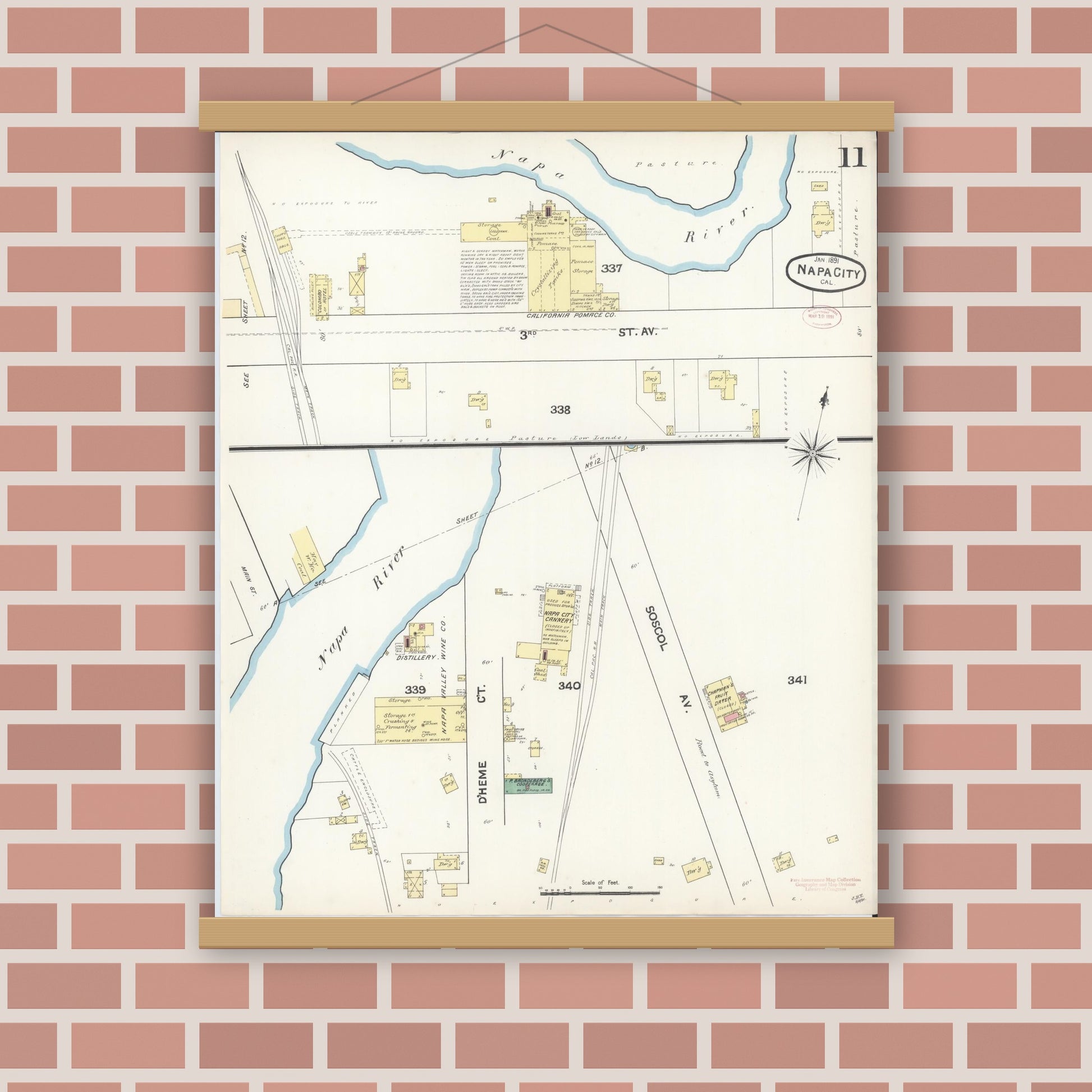 Old map wall art mockup — magnetic wood frame on brick wall — Sanborn Fire Insurance Map from Napa, Napa County, California (1891), Sheet #0011