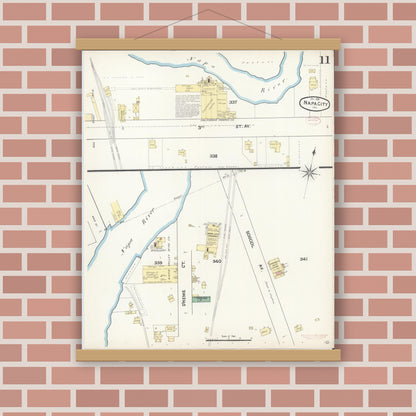 Old map wall art mockup — magnetic wood frame on brick wall — Sanborn Fire Insurance Map from Napa, Napa County, California (1891), Sheet #0011