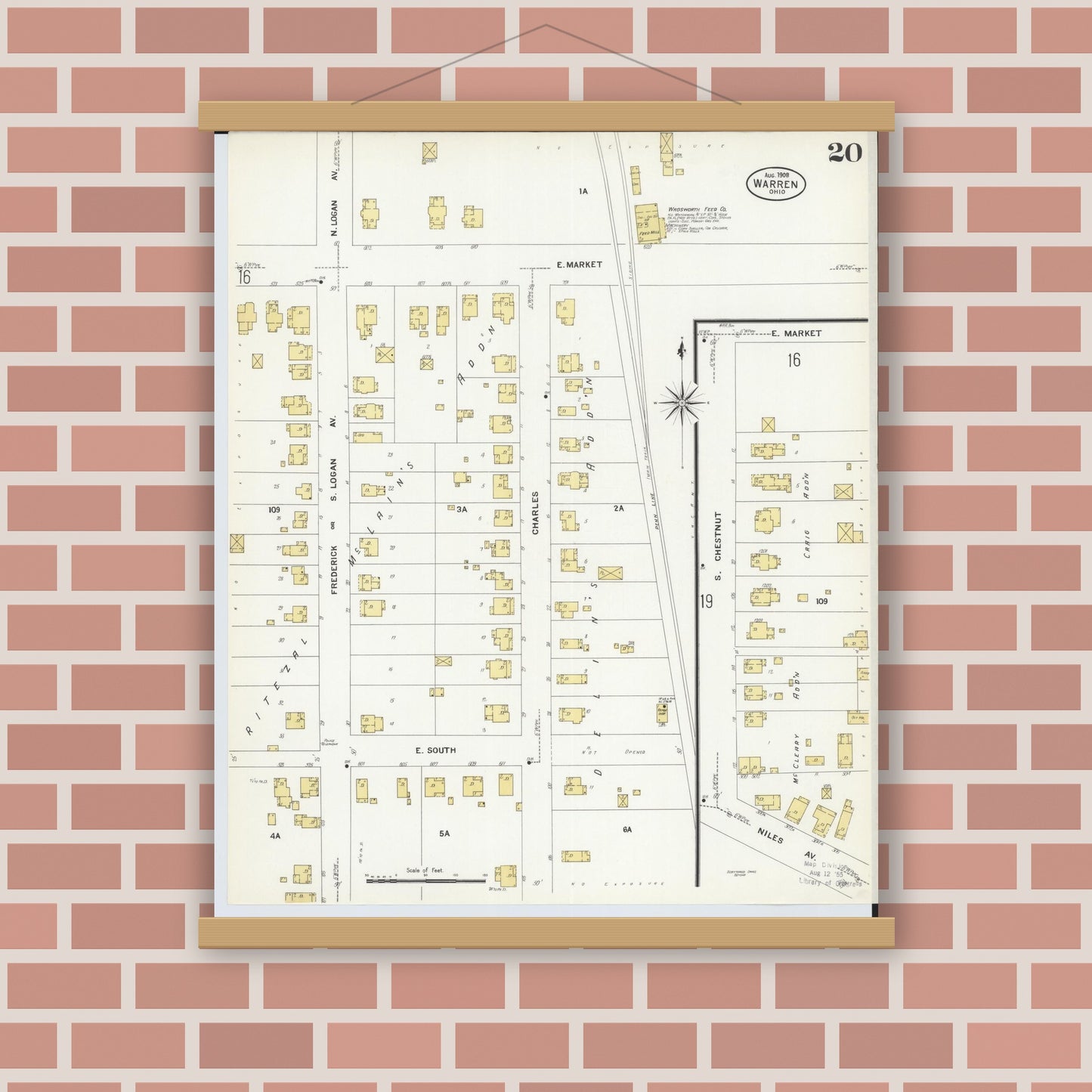 Old map wall art mockup — magnetic wood frame on brick wall — Sanborn Fire Insurance Map from Warren, Trumbull County, Ohio (1908), Sheet #0020