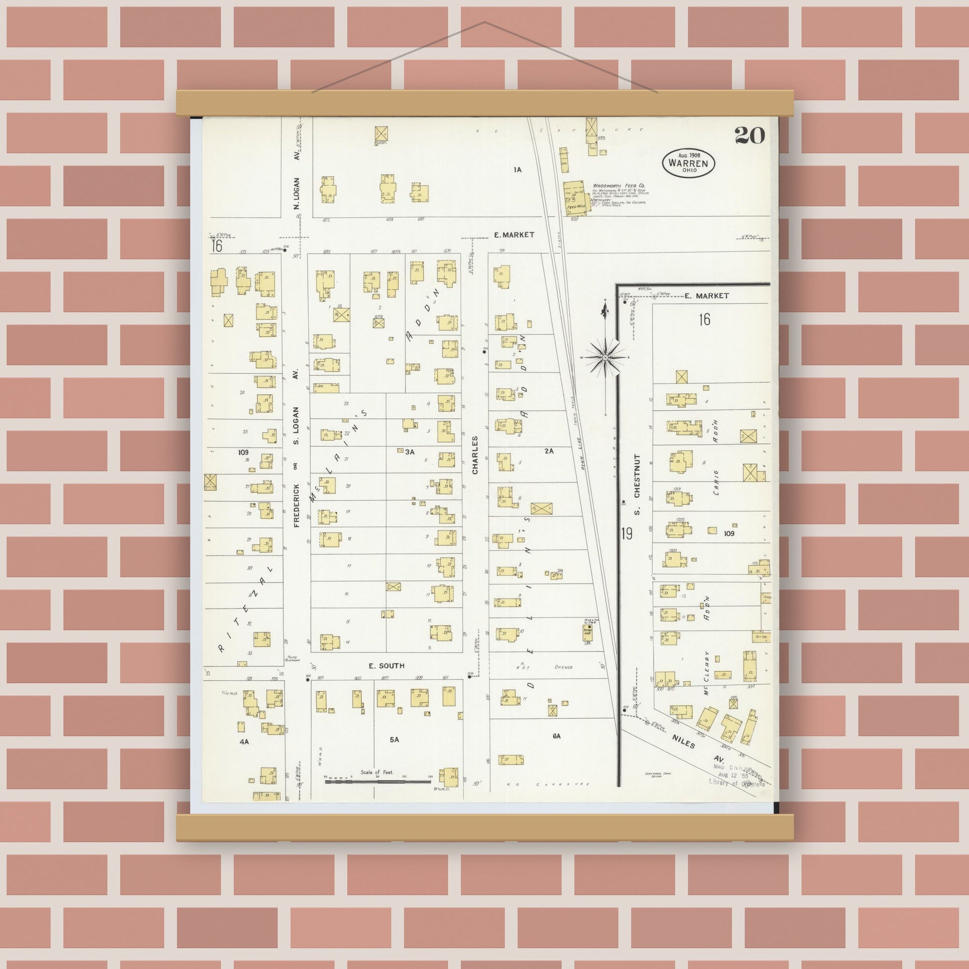 Old map wall art mockup — magnetic wood frame on brick wall — Sanborn Fire Insurance Map from Warren, Trumbull County, Ohio (1908), Sheet #0020