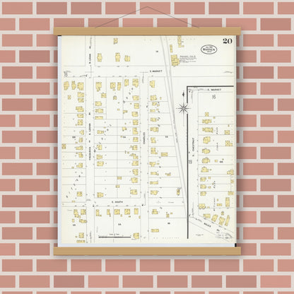 Old map wall art mockup — magnetic wood frame on brick wall — Sanborn Fire Insurance Map from Warren, Trumbull County, Ohio (1908), Sheet #0020