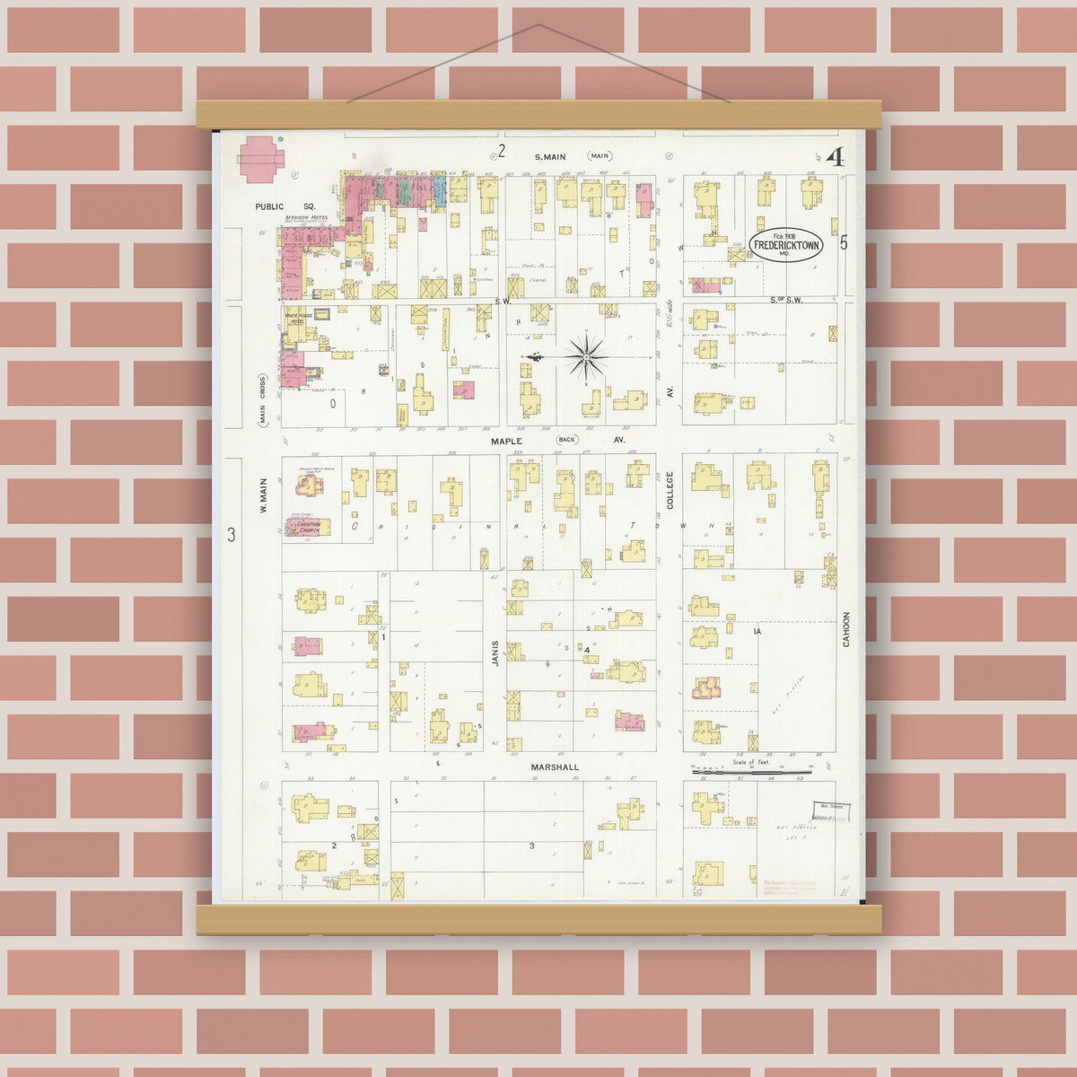 Old map wall art mockup — magnetic wood frame on brick wall — Sanborn Fire Insurance Map from Fredericktown, Madison County, Missouri (1908), Sheet #0004