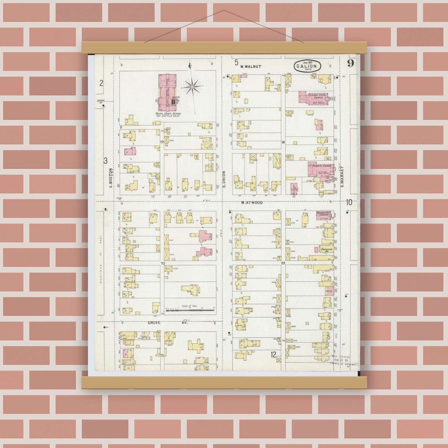 Old map wall art mockup — magnetic wood frame on brick wall — Sanborn Fire Insurance Map from Galion, Crawford County, Ohio (1897), Sheet #0009