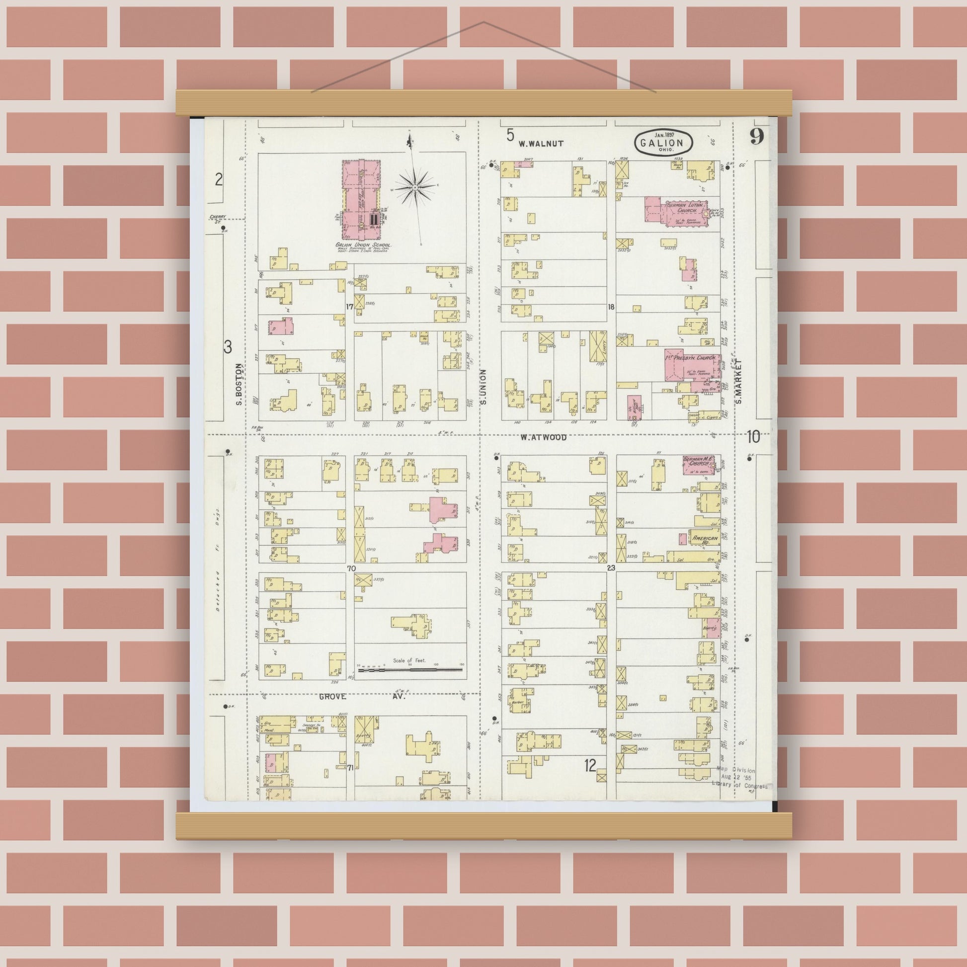 Old map wall art mockup — magnetic wood frame on brick wall — Sanborn Fire Insurance Map from Galion, Crawford County, Ohio (1897), Sheet #0009