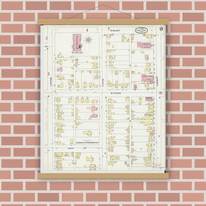 Old map wall art mockup — magnetic wood frame on brick wall — Sanborn Fire Insurance Map from Galion, Crawford County, Ohio (1897), Sheet #0009