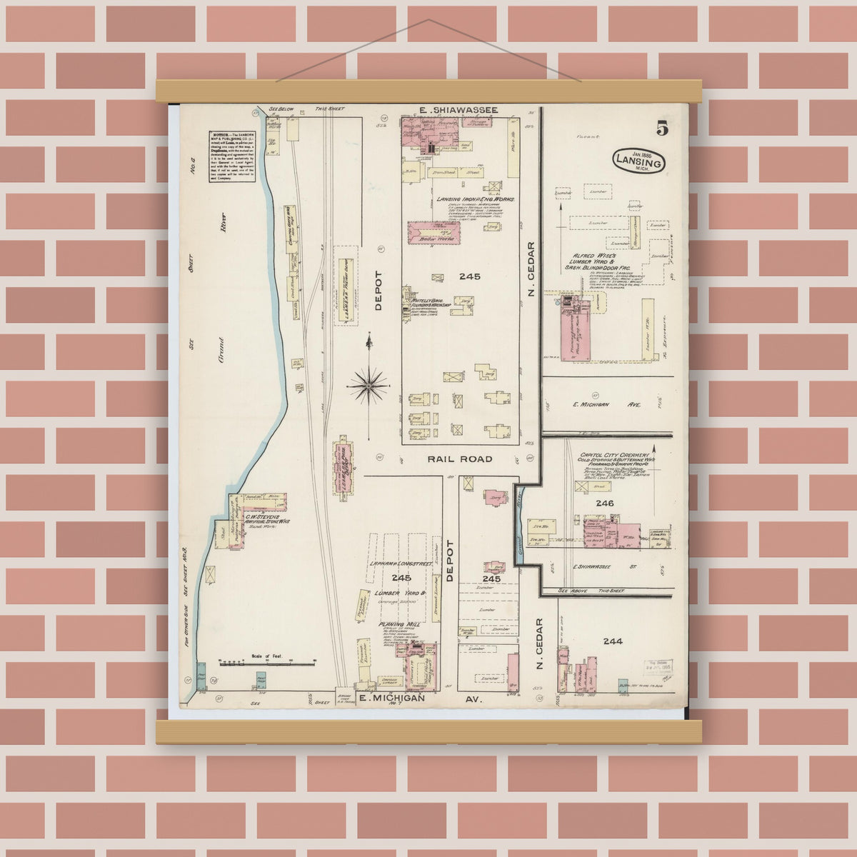 Old map wall art mockup — magnetic wood frame on brick wall — Sanborn Fire Insurance Map from Lansing, Ingham County, Michigan (1885), Sheet #0005