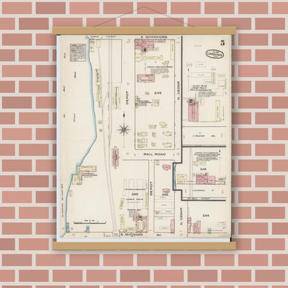 Old map wall art mockup — magnetic wood frame on brick wall — Sanborn Fire Insurance Map from Lansing, Ingham County, Michigan (1885), Sheet #0005