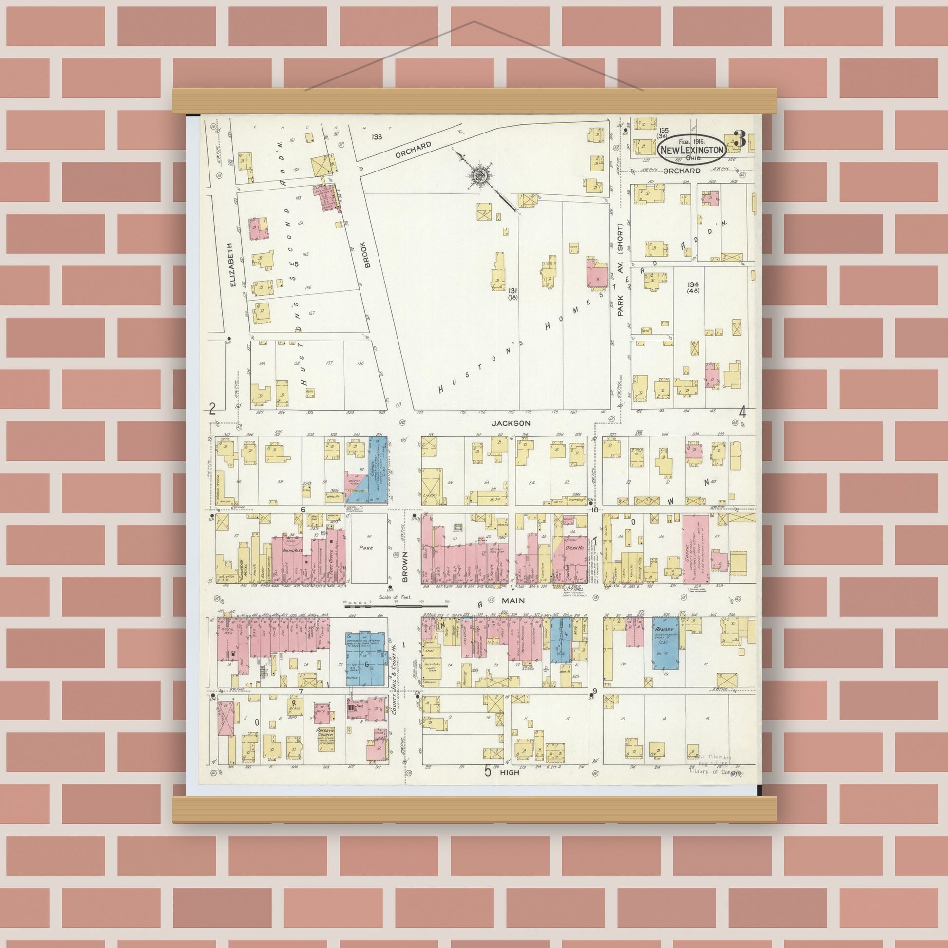 Old map wall art mockup — magnetic wood frame on brick wall — Sanborn Fire Insurance Map from New Lexington, Perry County, Ohio (1916), Sheet #0003