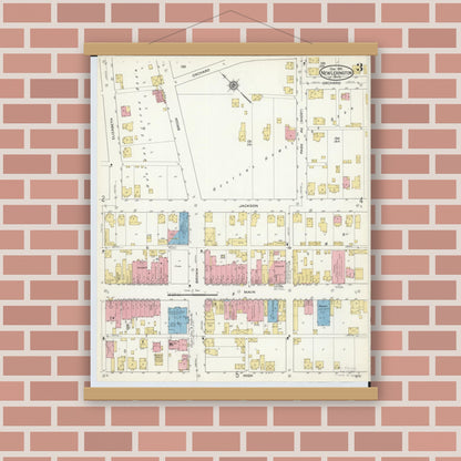 Old map wall art mockup — magnetic wood frame on brick wall — Sanborn Fire Insurance Map from New Lexington, Perry County, Ohio (1916), Sheet #0003