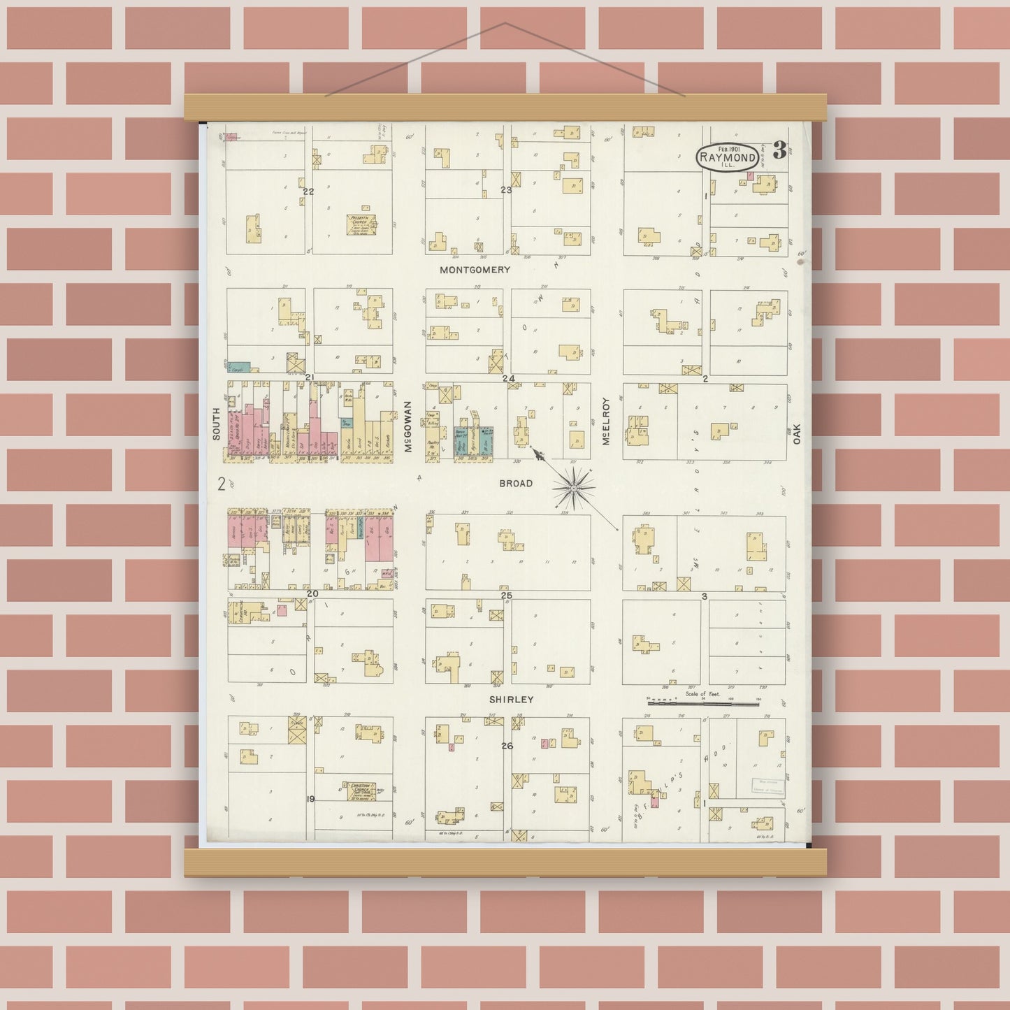 Old map wall art mockup — magnetic wood frame on brick wall — Sanborn Fire Insurance Map from Raymond, Montgomery County, Illinois (1901), Sheet #0003