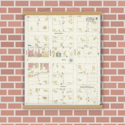 Old map wall art mockup — magnetic wood frame on brick wall — Sanborn Fire Insurance Map from Raymond, Montgomery County, Illinois (1901), Sheet #0003