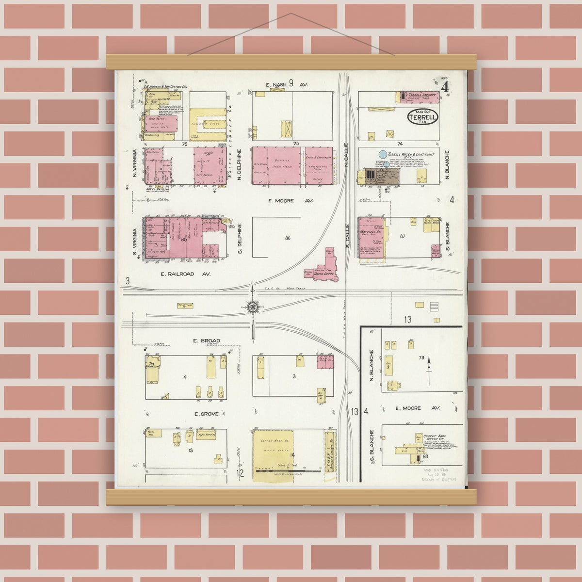 Old map wall art mockup — magnetic wood frame on brick wall — Sanborn Fire Insurance Map from Terrell, Kaufman County, Texas (1921), Sheet #0004