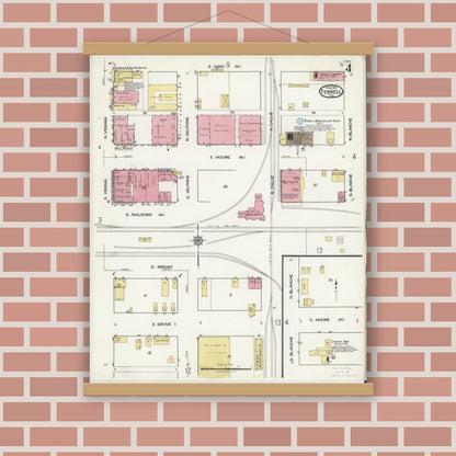 Old map wall art mockup — magnetic wood frame on brick wall — Sanborn Fire Insurance Map from Terrell, Kaufman County, Texas (1921), Sheet #0004