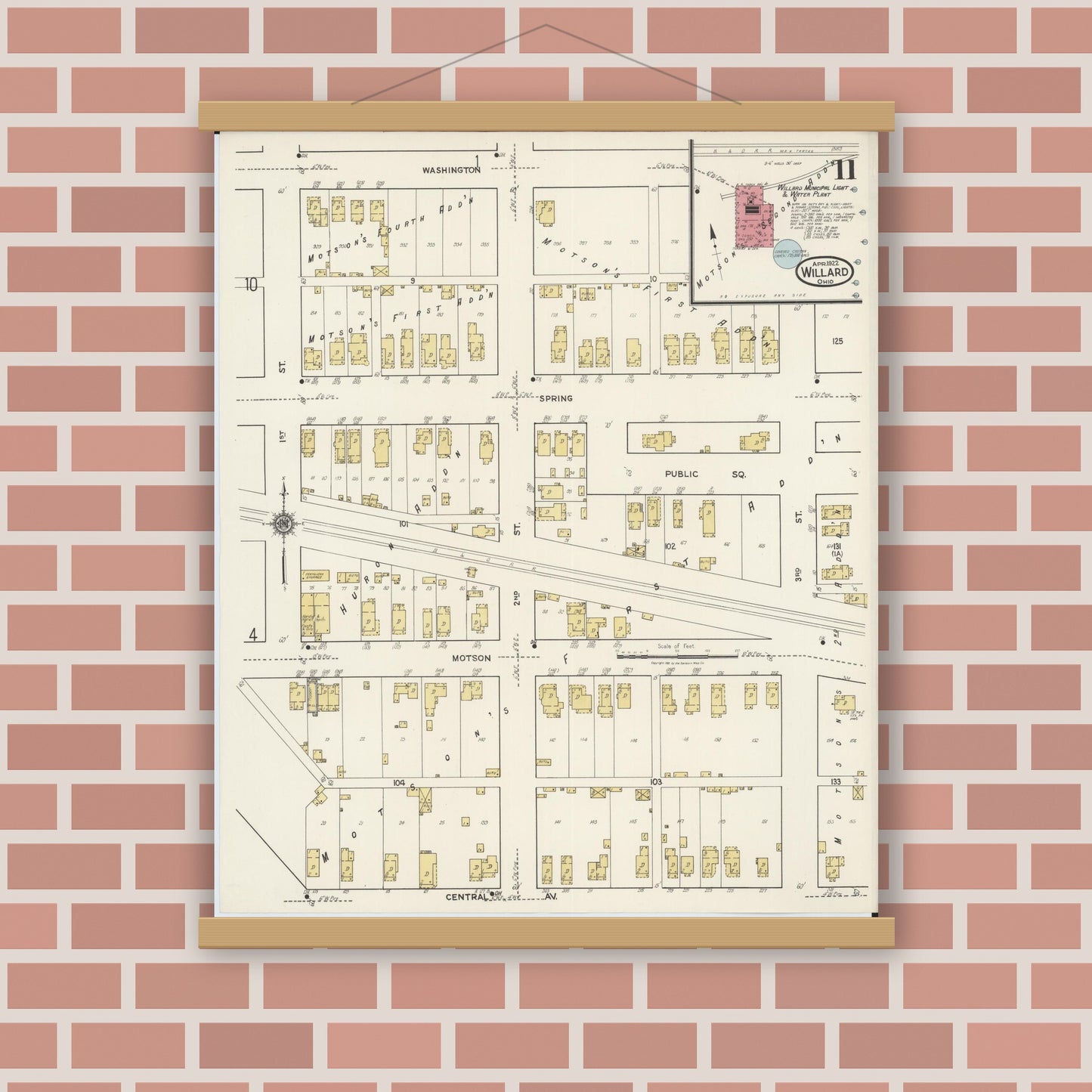 Old map wall art mockup — magnetic wood frame on brick wall — Sanborn Fire Insurance Map from Willard, Huron County, Ohio (1922), Sheet #0011