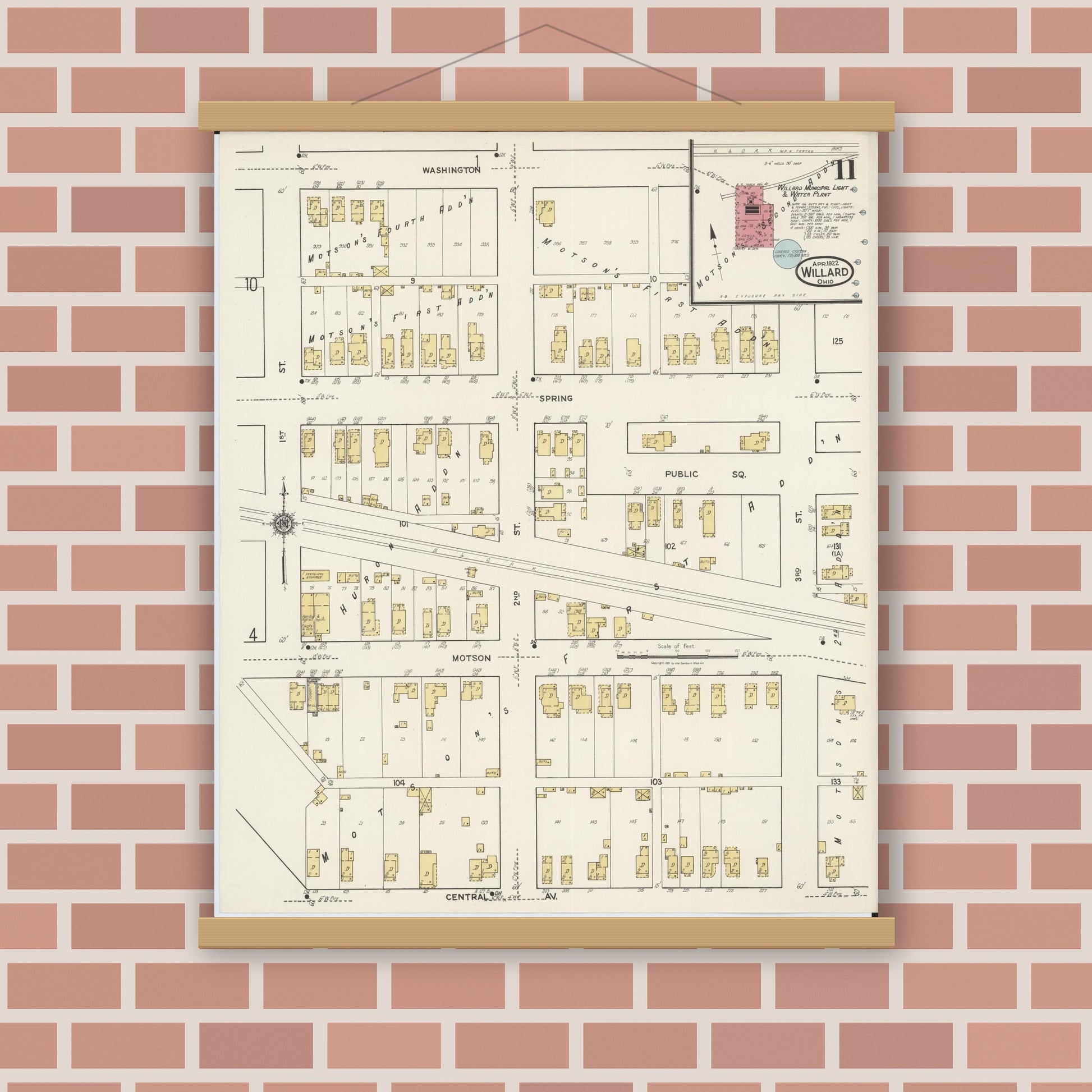 Old map wall art mockup — magnetic wood frame on brick wall — Sanborn Fire Insurance Map from Willard, Huron County, Ohio (1922), Sheet #0011
